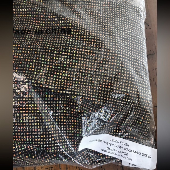 VICI Disco Fever shimmer long dress w/ slit & draped halter cowl neckline. NEW L - Picture 3 of 12